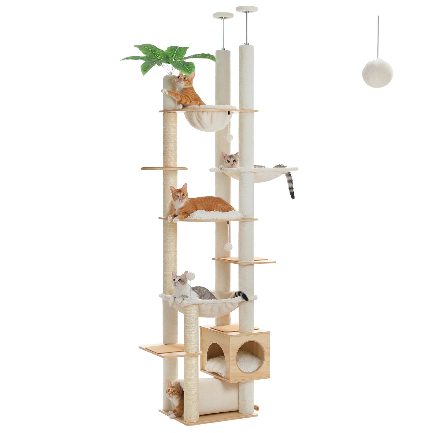Height Adjustable Wooden Cat Tree with Large Hammock, Sisal Scratching Posts ,Floor to Ceiling Cat Tower ,Cozy Cat Condo for Indoor
