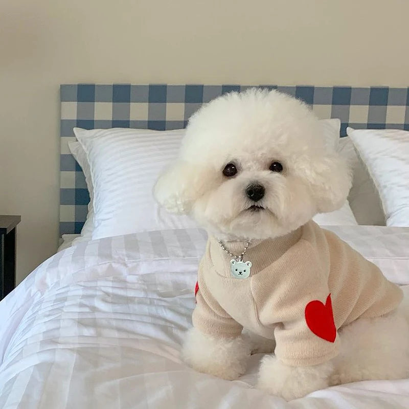 Winter Dog Shirt Heart-shaped Patch, Embroidery Sweatshirt, Chihuahua Breathable Warm Shirt, Puppy Outdoor Clothes