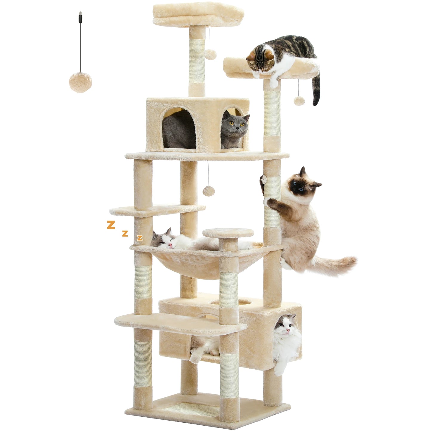 Multi-Level Cat Tree Tower with Scratching Posts &  Board , Hammock, Cat Condo, Spacious Top Perch,Dangling Balls for Indoor Cats