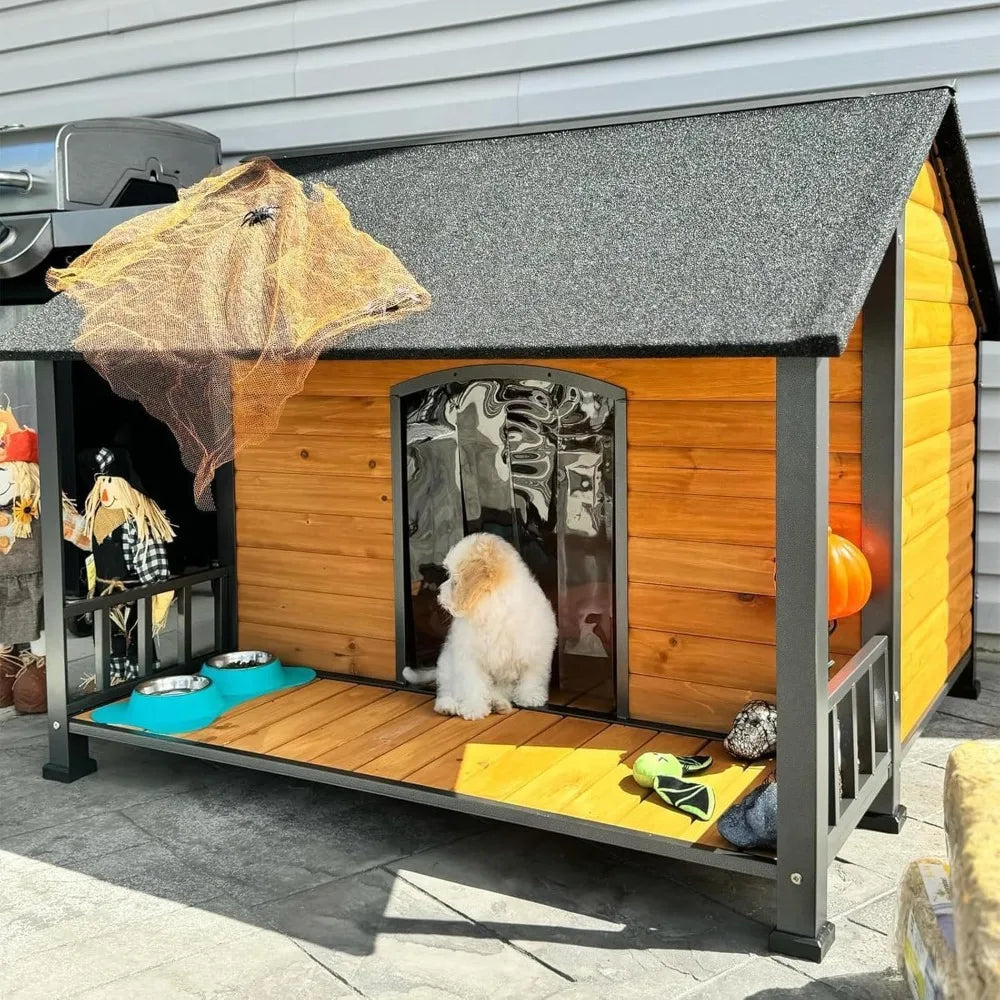 Large Dog House, Outdoor for Large Breed Dogs, Insulated Dog Kennel Outside, Metal Frame, Weatherproof Dog Shelter with Porch