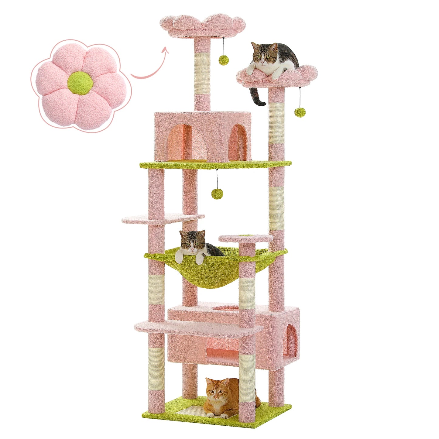 Multi-Level Cat Tree Tower with Scratching Posts &  Board , Hammock, Cat Condo, Spacious Top Perch,Dangling Balls for Indoor Cats