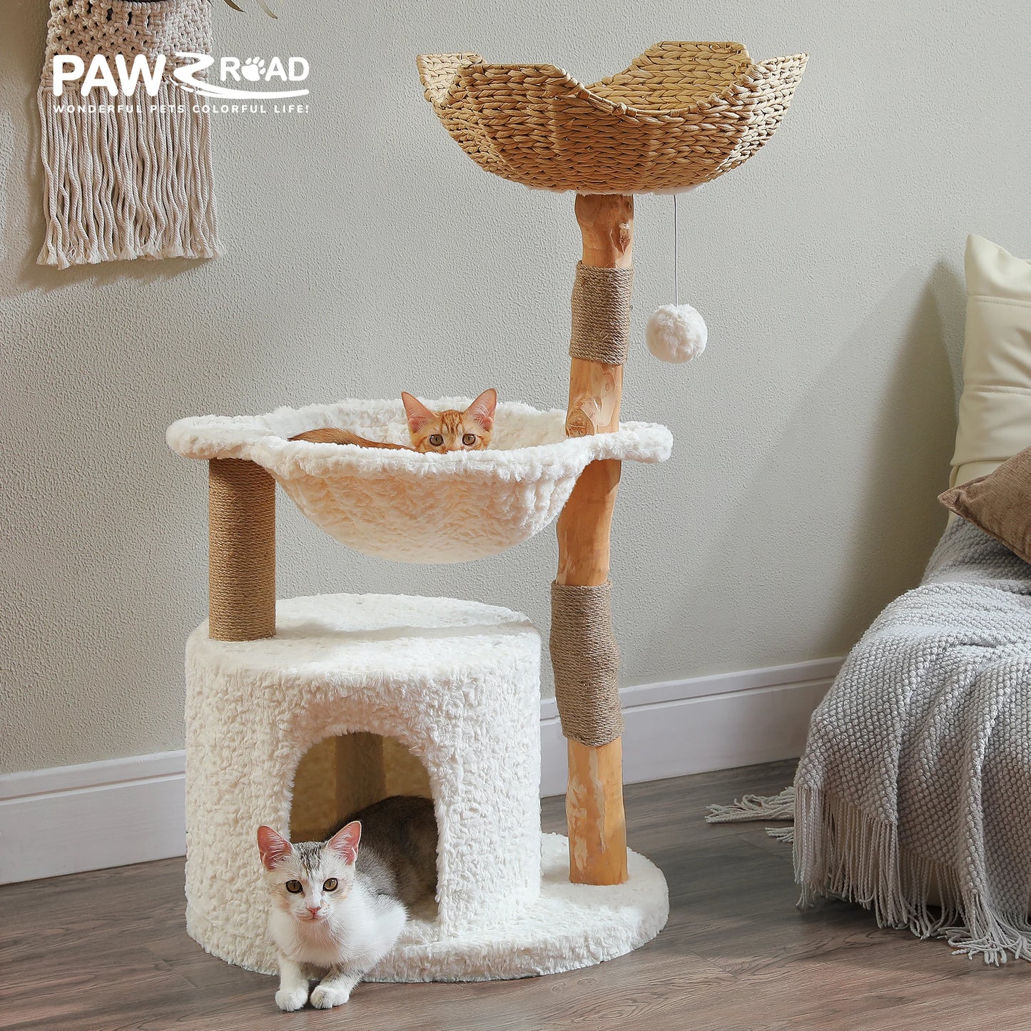 Solid Wood Cat Tree, Modern Cat Tower with Spacious Cat Condo, Flower Perches, Fun Pompom, Double Comfort Perfect for Indoor Kittens