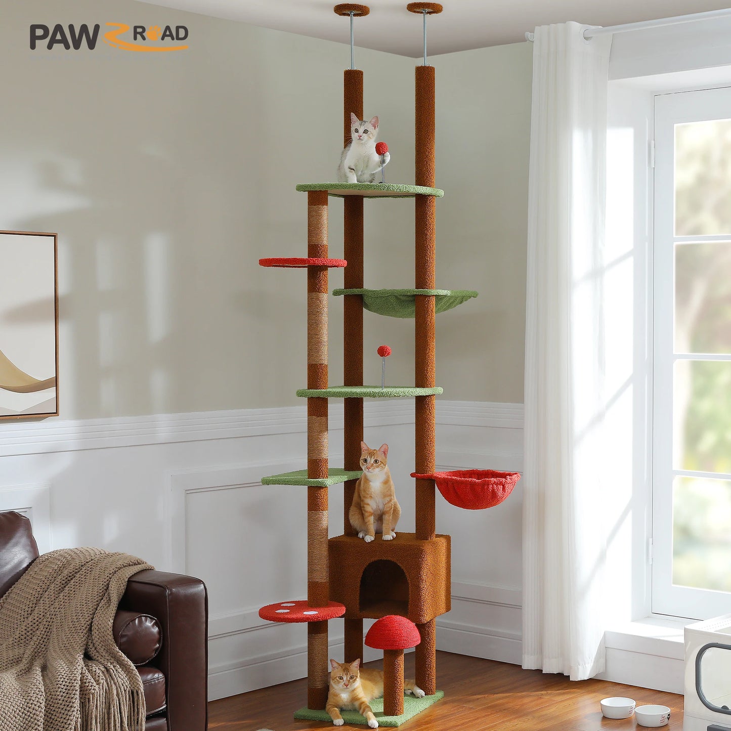 Height Adjustable Wooden Cat Tree with Large Hammock, Sisal Scratching Posts ,Floor to Ceiling Cat Tower ,Cozy Cat Condo for Indoor