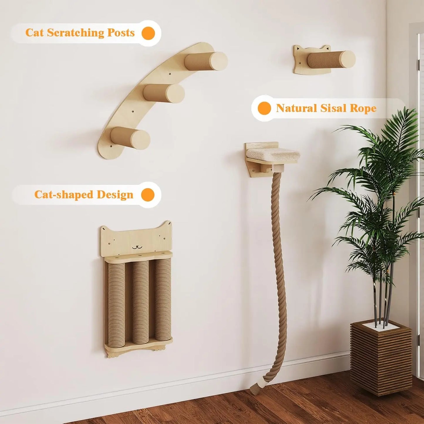 Cat ClimWall Set Made of Natural Wood, 8 Pcs Sturdy Furniture with Scratching Posts, Kitten Platform, 100CM Sisal Rope and