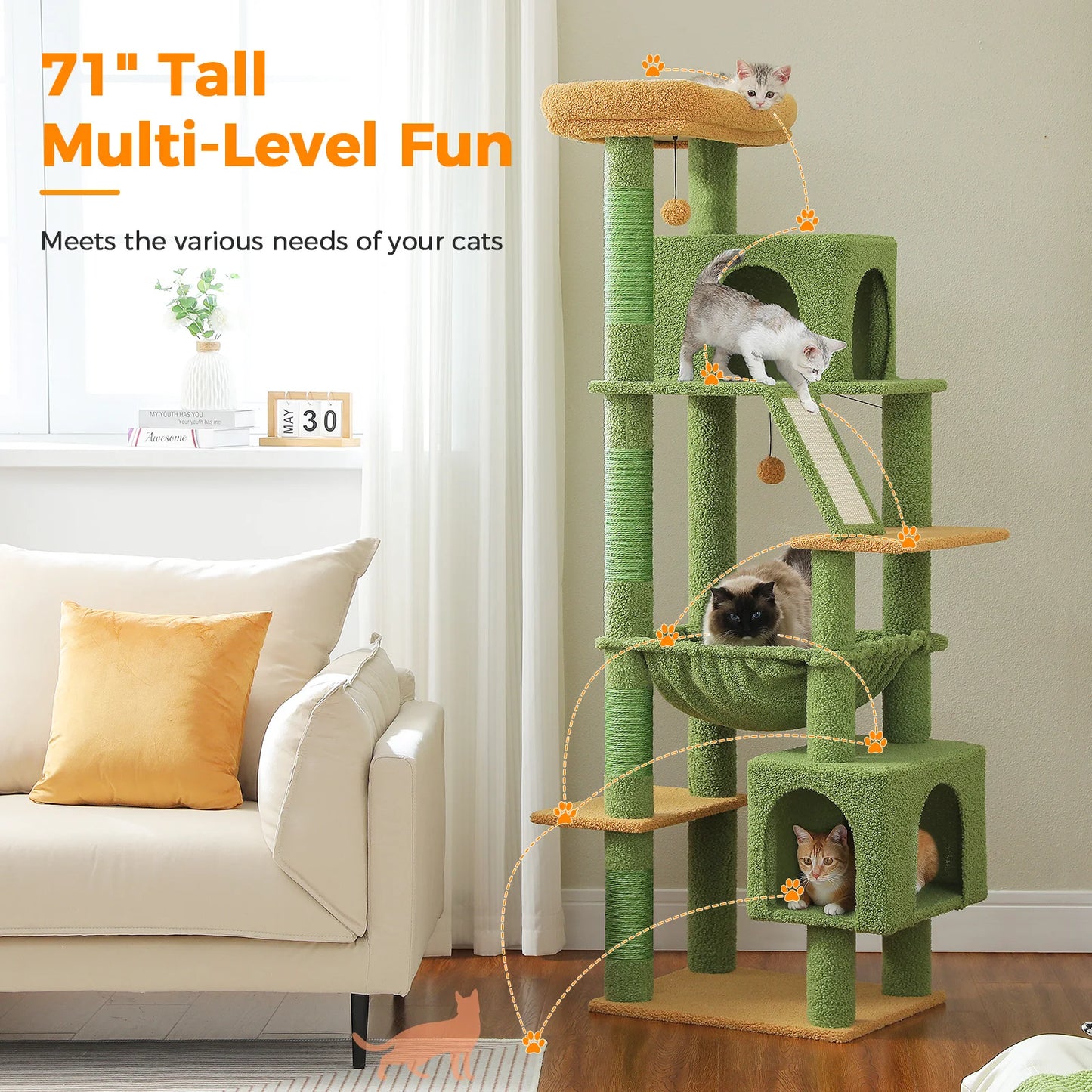 Tall Cat Tree with Scratching Posts Cozy Hammock Top Perch Multi-Level Large Cat Tower Spacious Cat Condo for Indoor Cat Toys