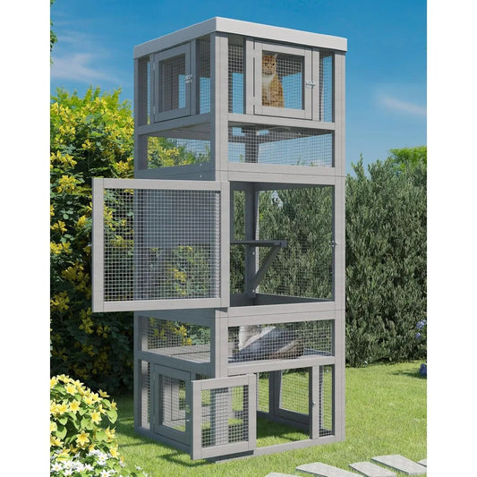 Outdoor Enclosure, 3 Tiers Cat Enclosure with Platform, Resting Box and 8 Removable Door can Connect with Cats Tunnel