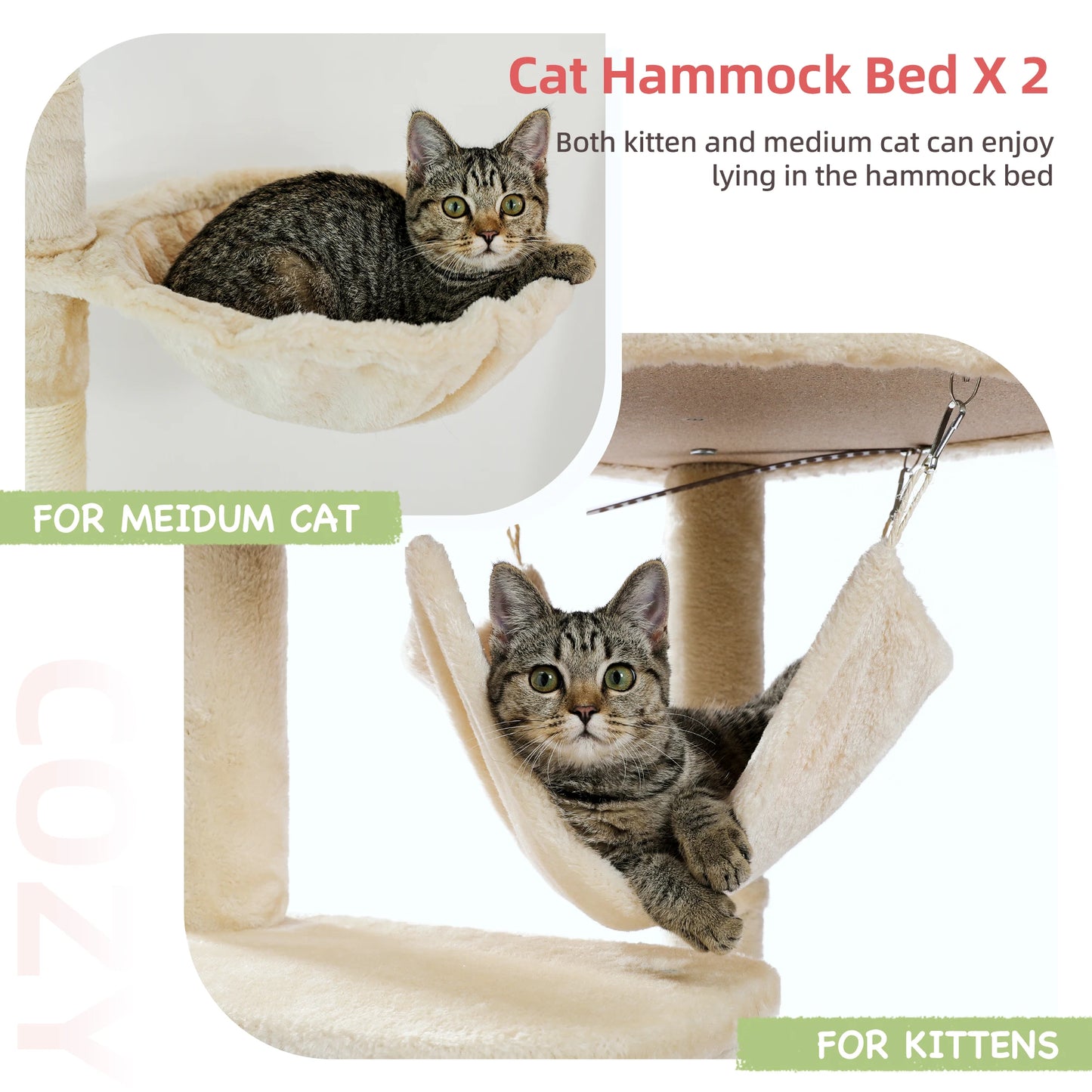 Floor to Ceiling Cat Tree Adjustable, Cat Tower Tall Kitty Climbing Play House with Scratching Posts, Cozy Condo Perches, Hammock