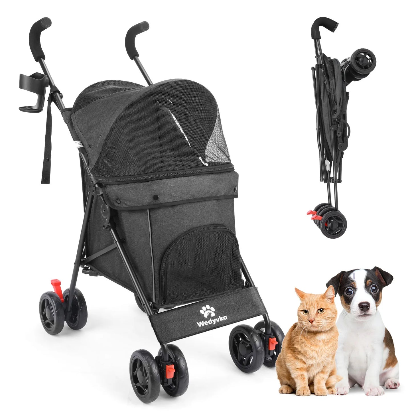 Wedyvko Pet Dog Stroller 4 Wheels, Puppy Stroller Rotate with Brakes Storage for Dogs Cats