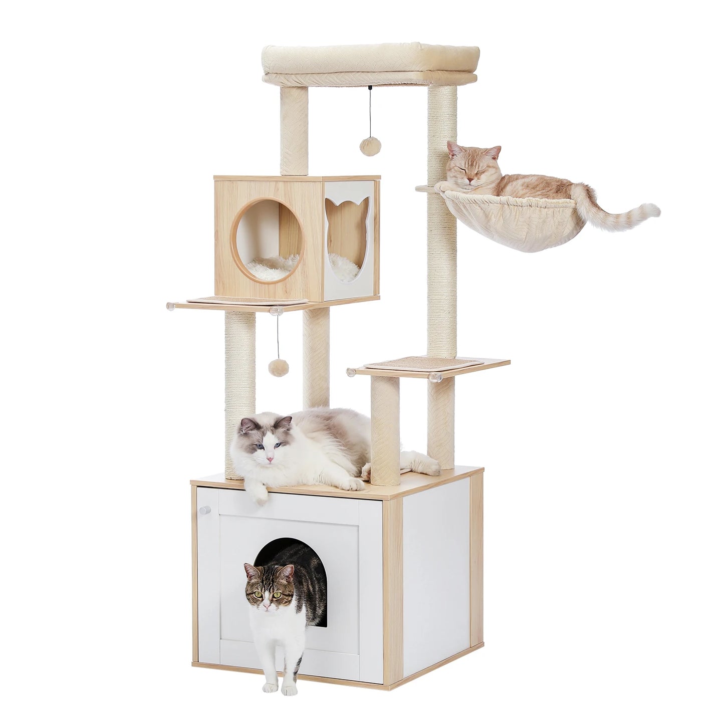 Multi-Level Cat Tree for Indoor Wood Cat , Tower with Scratching Posts Spacious Condo, Hammock Top Perch Cat Scratcher