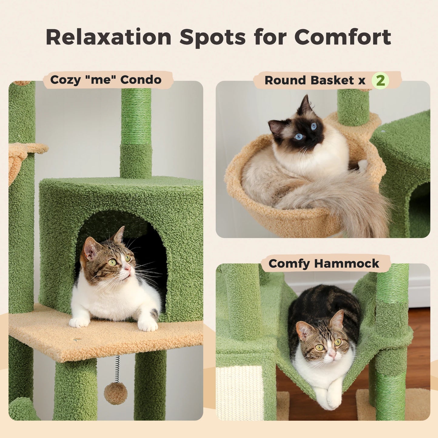 Cactus Cat Tree Floor to Ceiling, Cat Tower 7 Tiers, Cat Climbing Tree with Cozy Hammocks and Condos 5 Platforms, Scratching Posts