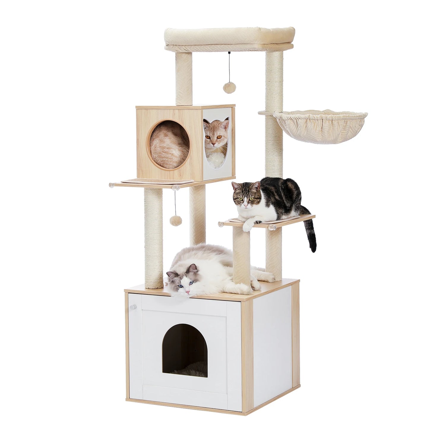 Multi-Level Cat Tree for Indoor Wood Cat , Tower with Scratching Posts Spacious Condo, Hammock Top Perch Cat Scratcher