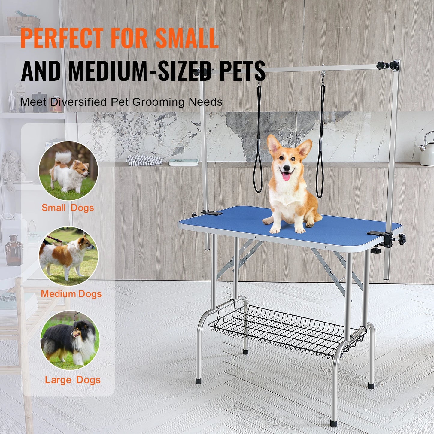 Pet Grooming Table Two Arms with Clamp, Dog Grooming Station Foldable Stand for Medium Small Dogs with Grooming Loop