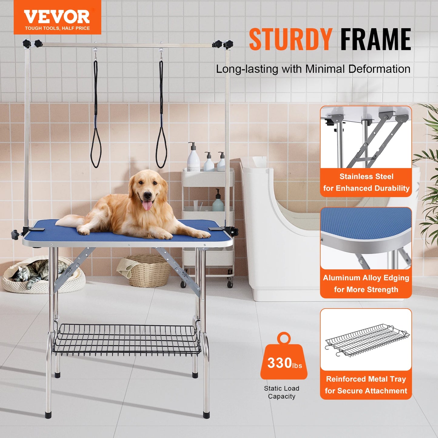 Pet Grooming Table Two Arms with Clamp, Dog Grooming Station Foldable Stand for Medium Small Dogs with Grooming Loop