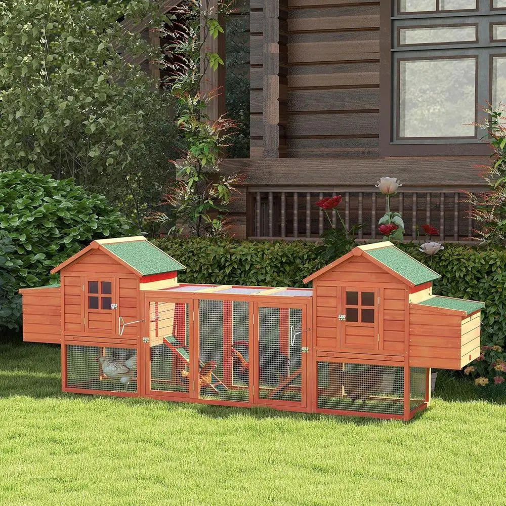 Wooden Chicken Coop, Large Dual-Deck  with Garden Bed, Nesting Boxes, Removable Trays, and Ramps for Backyard, 123L x 27.5W x 42.5