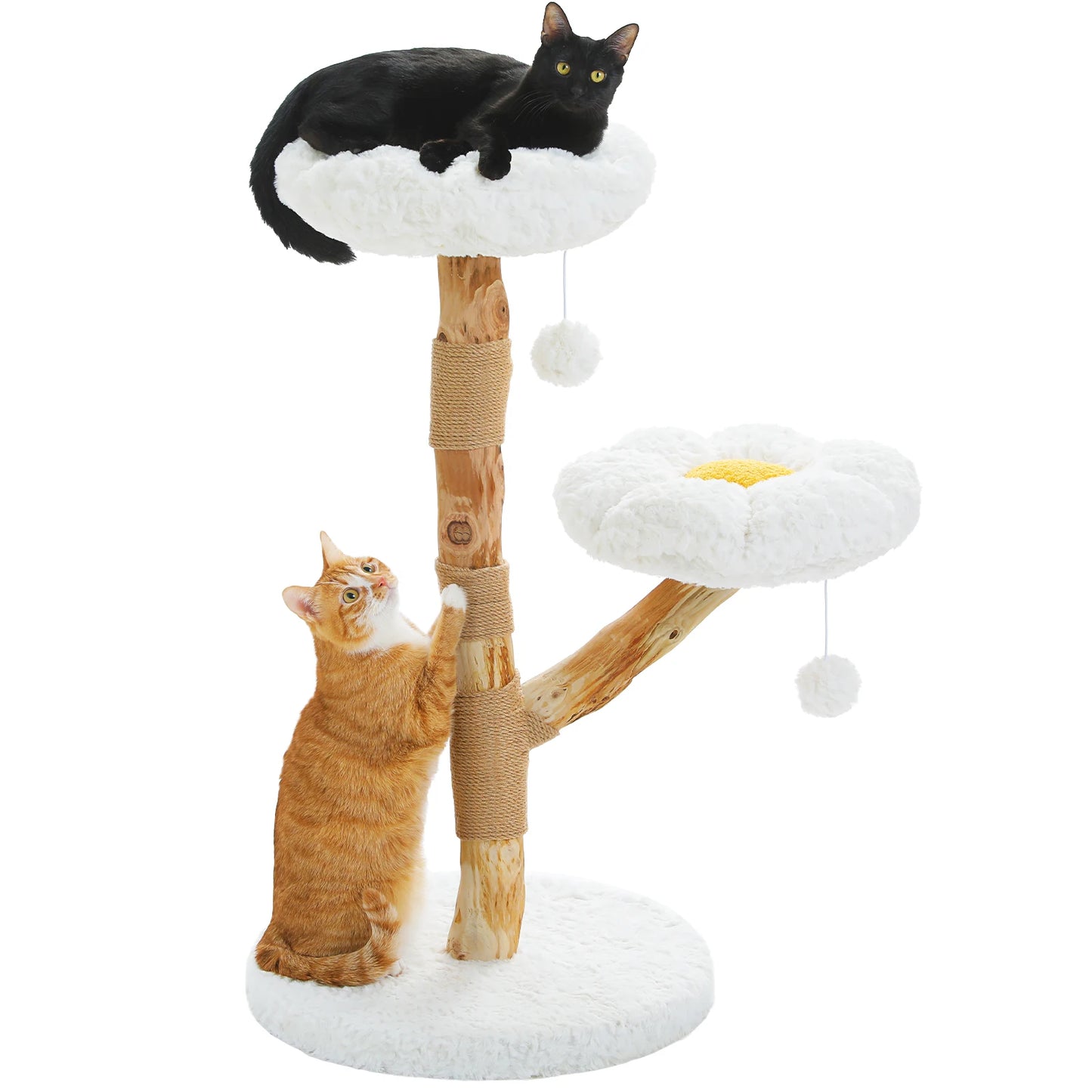 Solid Wood Cat Tree, Modern Cat Tower with Spacious Cat Condo, Flower Perches, Fun Pompom, Double Comfort Perfect for Indoor Kittens