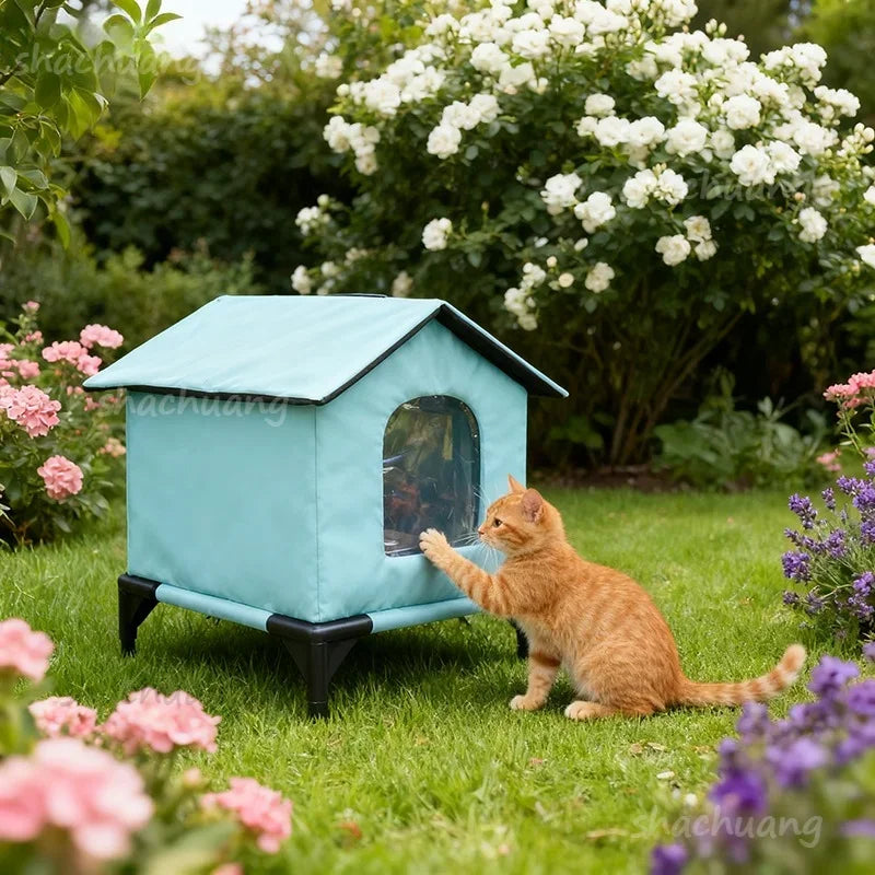 Large Outdoor Insulated Cat & Dog House -Winter Warm Elevated Shelter with Curtain Roof, Sturdy Zipper-Access Door & Stable Base