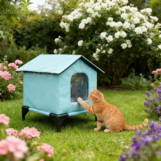 Large Outdoor Insulated Cat & Dog House -Winter Warm Elevated Shelter with Curtain Roof, Sturdy Zipper-Access Door & Stable Base