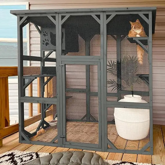 Catio Wooden, Cat Enclosure Large Outdoor Cat House with Weatherproof, Cat Cage Condo Indoor Playpen with Platform