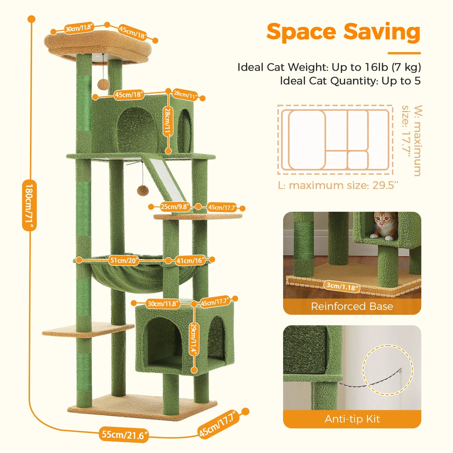 Tall Cat Tree with Scratching Posts Cozy Hammock Top Perch Multi-Level Large Cat Tower Spacious Cat Condo for Indoor Cat Toys