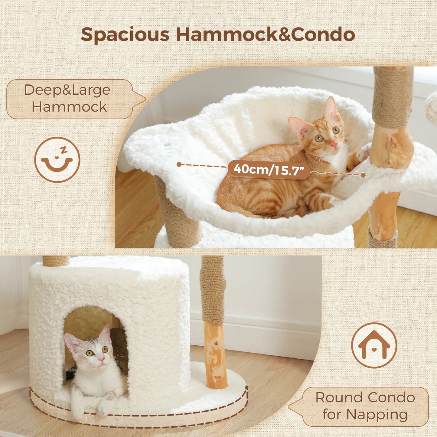 Solid Wood Cat Tree, Modern Cat Tower with Spacious Cat Condo, Flower Perches, Fun Pompom, Double Comfort Perfect for Indoor Kittens