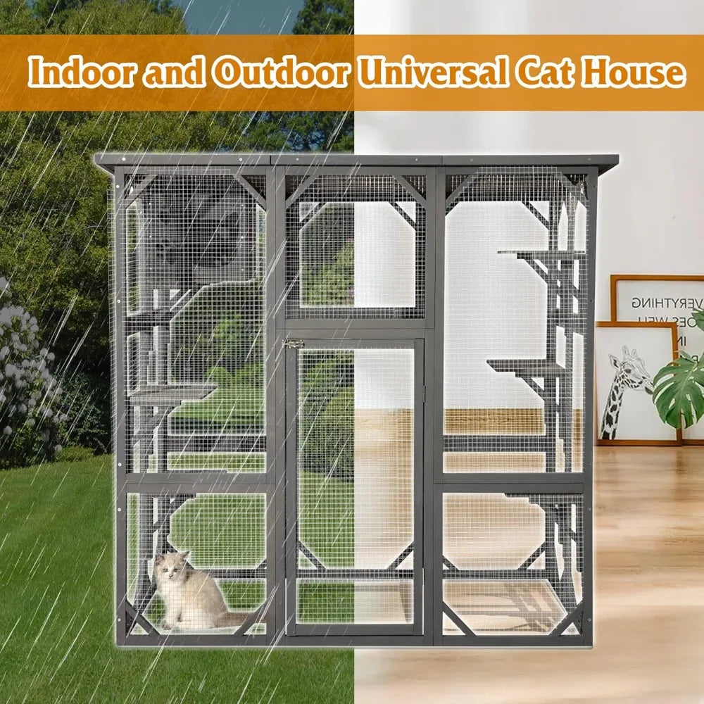 Catio Wooden, Cat Enclosure Large Outdoor Cat House with Weatherproof, Cat Cage Condo Indoor Playpen with Platform