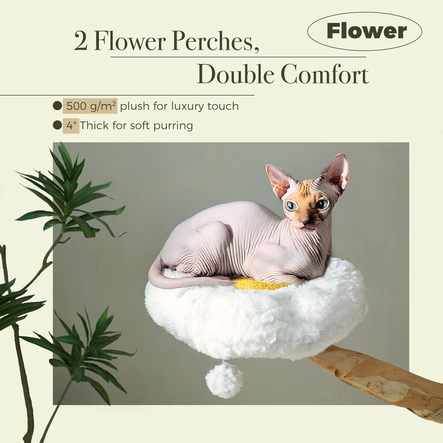 Solid Wood Cat Tree, Modern Cat Tower with Spacious Cat Condo, Flower Perches, Fun Pompom, Double Comfort Perfect for Indoor Kittens