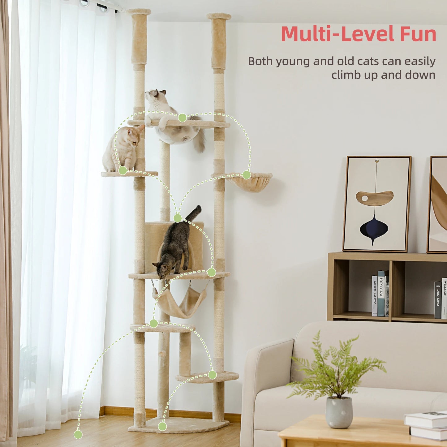 Floor to Ceiling Cat Tree Adjustable, Cat Tower Tall Kitty Climbing Play House with Scratching Posts, Cozy Condo Perches, Hammock