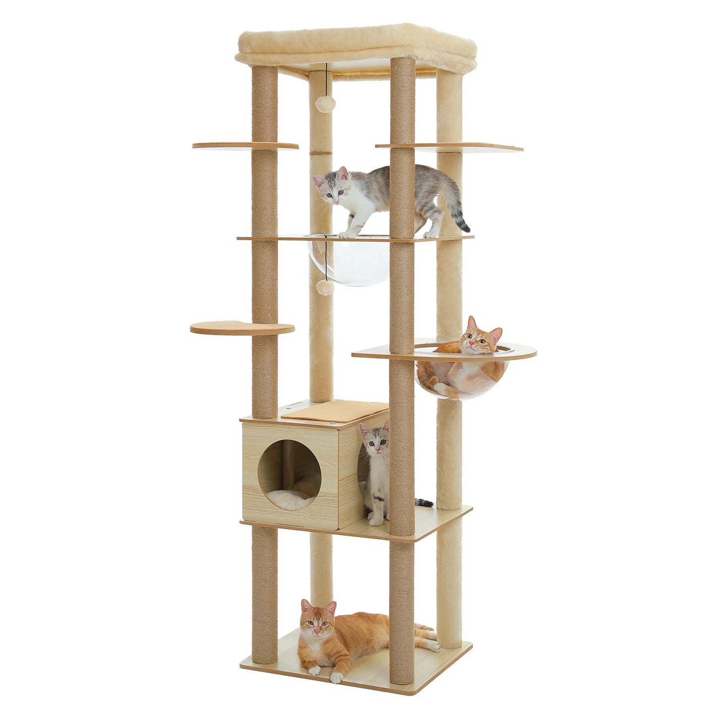 Multi-Level Cat Tree for Indoor Wood Cat , Tower with Scratching Posts Spacious Condo, Hammock Top Perch Cat Scratcher