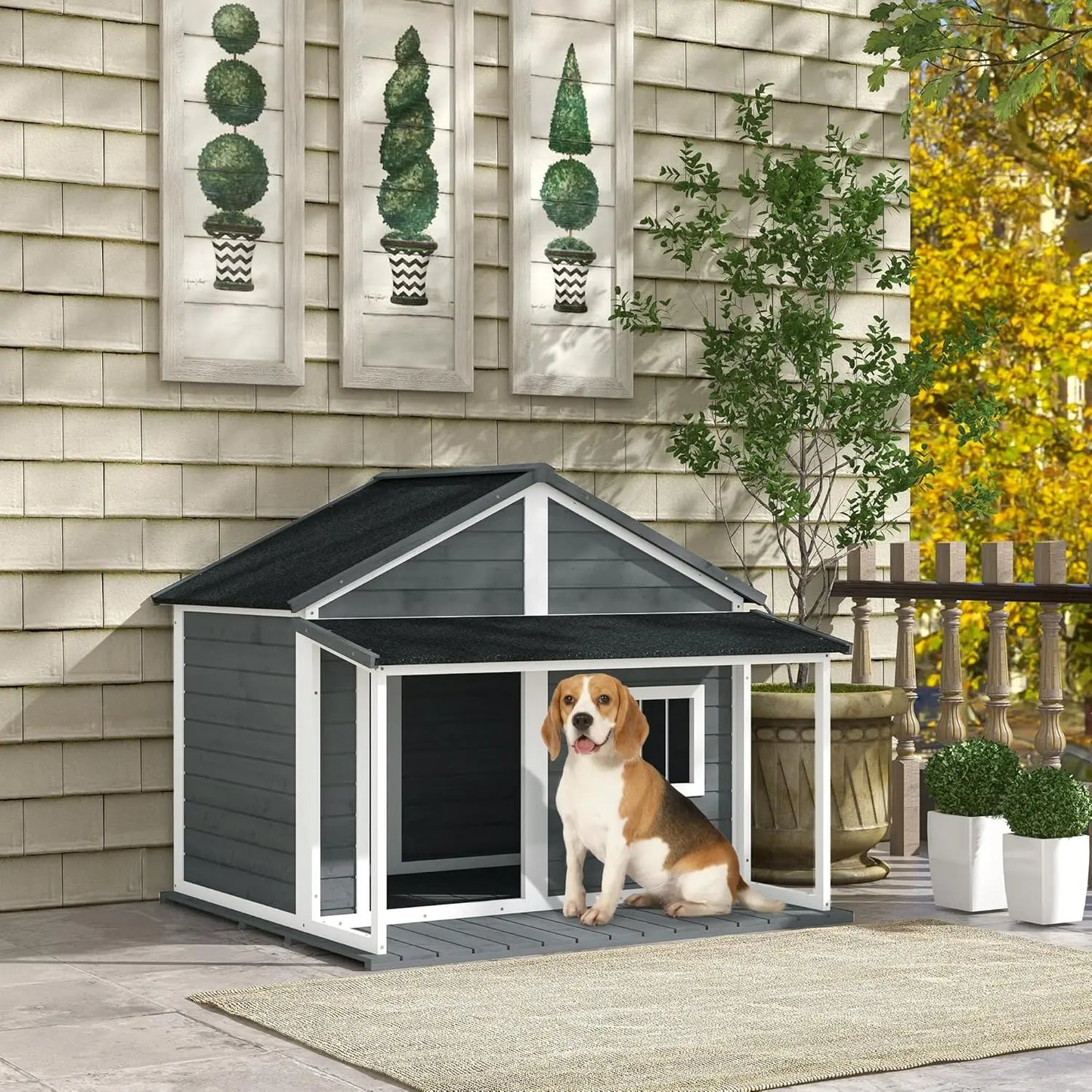 Outdoor Dog House Cabin Style, Wooden Raised Pet Kennel with Asphalt Roof, Front Door, Side Window, Porch for Medium and