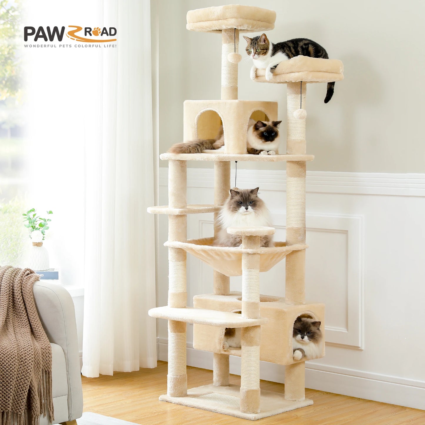 Multi-Level Cat Tree Tower with Scratching Posts &  Board , Hammock, Cat Condo, Spacious Top Perch,Dangling Balls for Indoor Cats