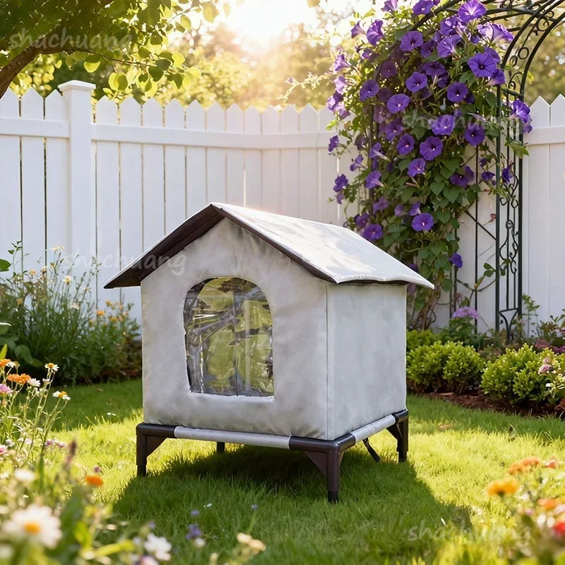Large Outdoor Insulated Cat & Dog House -Winter Warm Elevated Shelter with Curtain Roof, Sturdy Zipper-Access Door & Stable Base