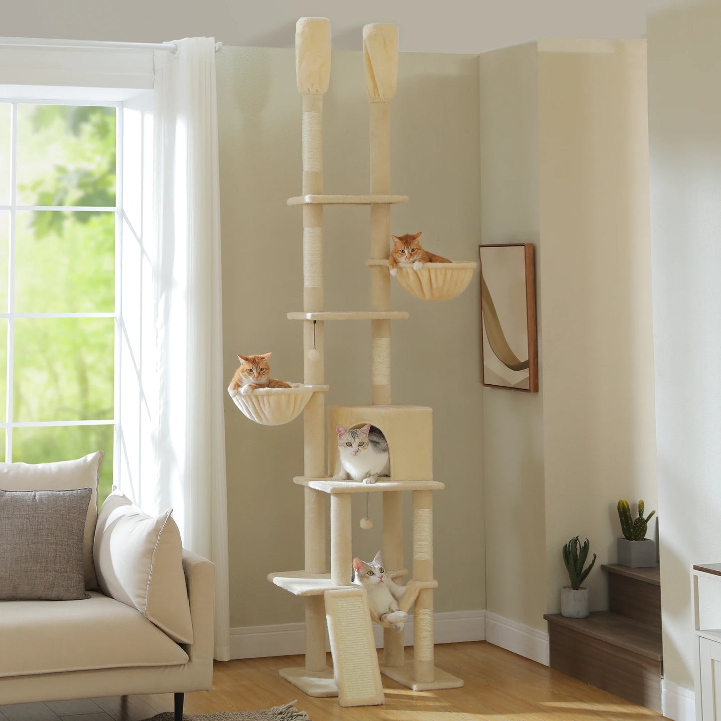 Cactus Cat Tree Floor to Ceiling, Cat Tower 7 Tiers, Cat Climbing Tree with Cozy Hammocks and Condos 5 Platforms, Scratching Posts