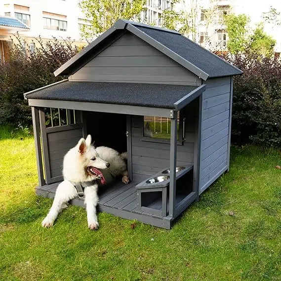 Dog House with Porch, Outdoor Indoor Wooden Doghouse with Dog Bowl, Door, Window, Removable Base Plate, Weatherproof Dog Kennel