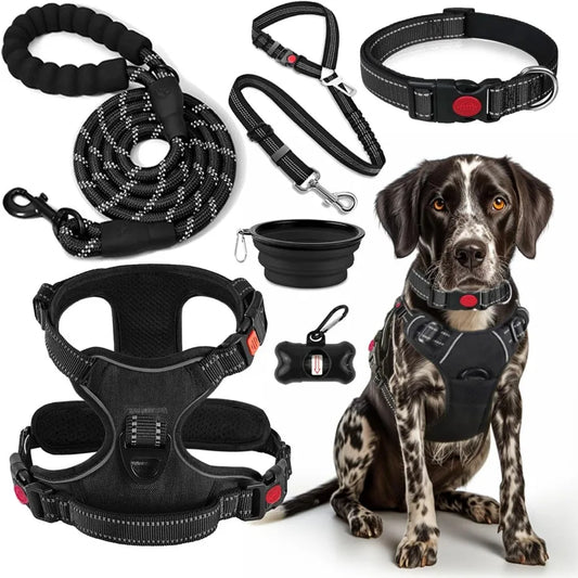 No Pull Dog Harness Collar Leash Set with Integrated Dog Seat Belt Collapsible Food and Water Bowls and Poop Bag Dispenser for