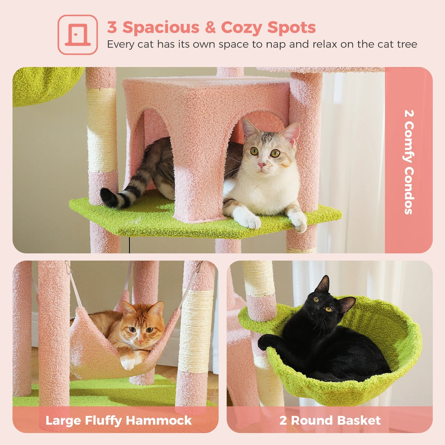 Tall Cat Tree with Scratching Posts Cozy Hammock Top Perch Multi-Level Large Cat Tower Spacious Cat Condo for Indoor Cat Toys