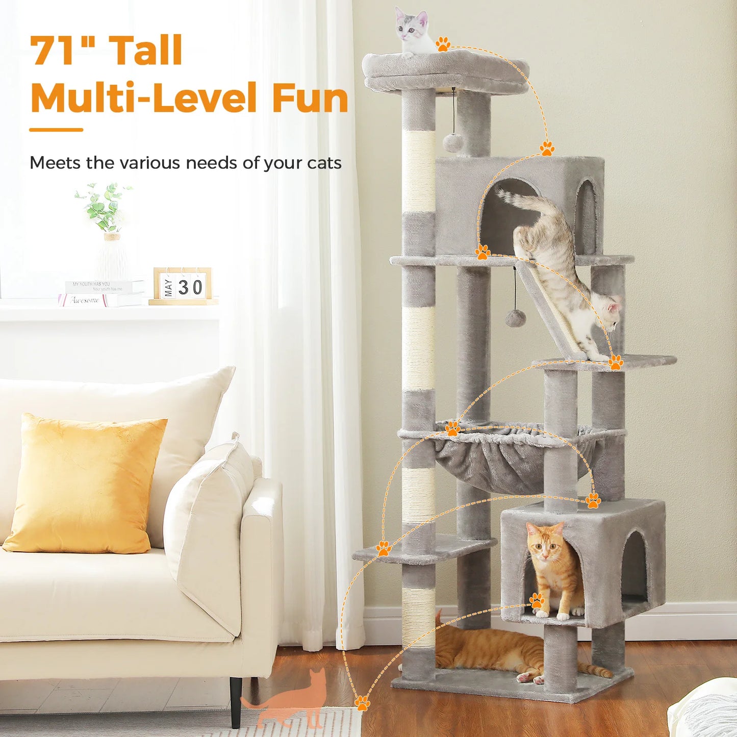 Tall Cat Tree with Scratching Posts Cozy Hammock Top Perch Multi-Level Large Cat Tower Spacious Cat Condo for Indoor Cat Toys