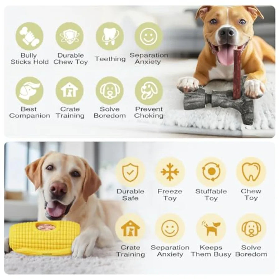 2-in-1 Durable Dog Toy Bundle for Small to Large Dogs: Bully Stick Holder Frozen Treat Slow Feeder in Natural Color Food-Safe I