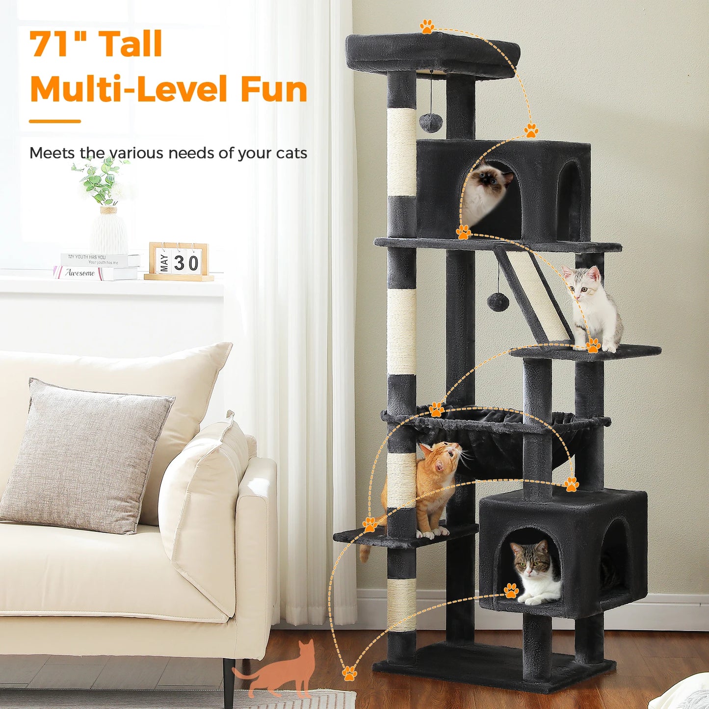 Tall Cat Tree with Scratching Posts Cozy Hammock Top Perch Multi-Level Large Cat Tower Spacious Cat Condo for Indoor Cat Toys