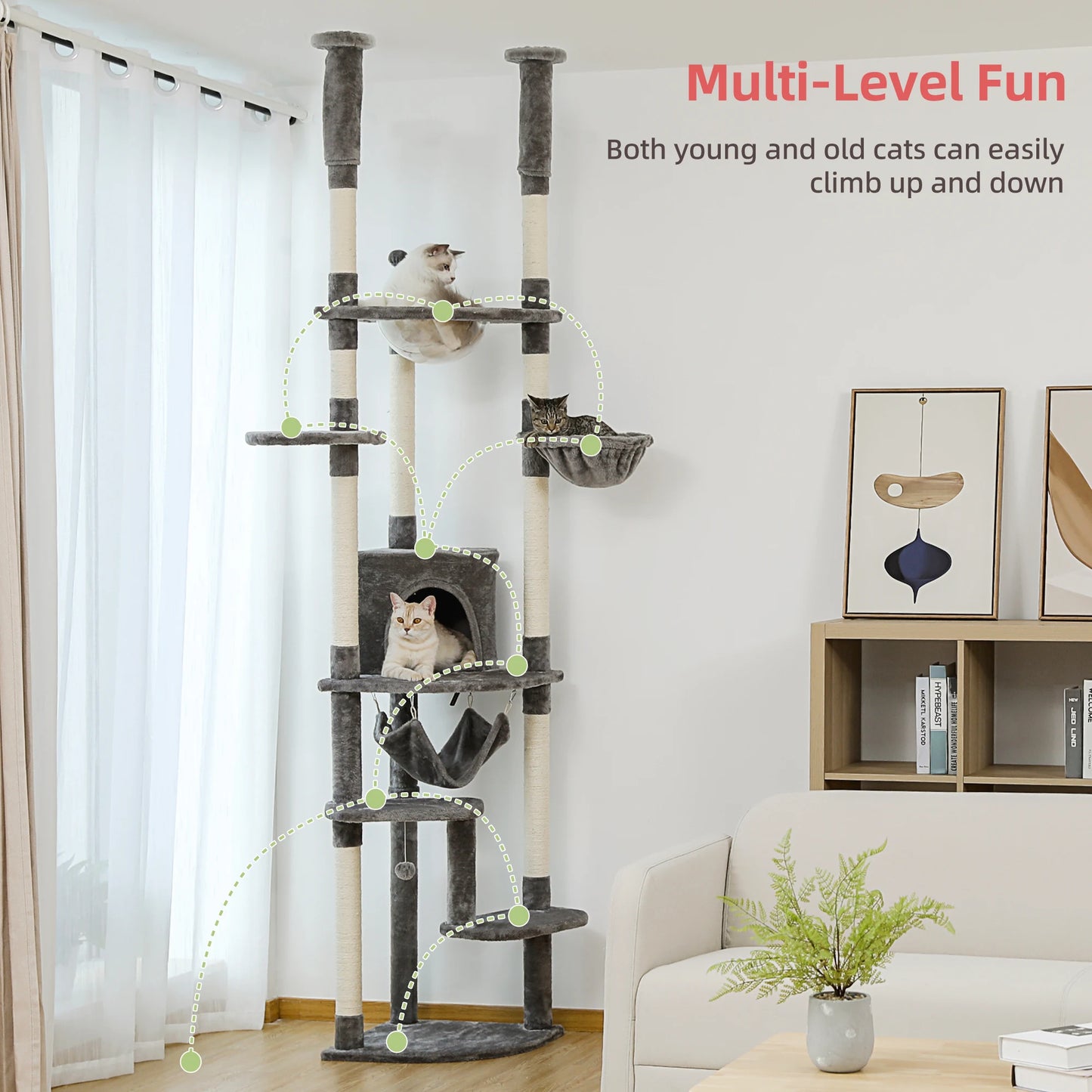 Floor to Ceiling Cat Tree Adjustable, Cat Tower Tall Kitty Climbing Play House with Scratching Posts, Cozy Condo Perches, Hammock