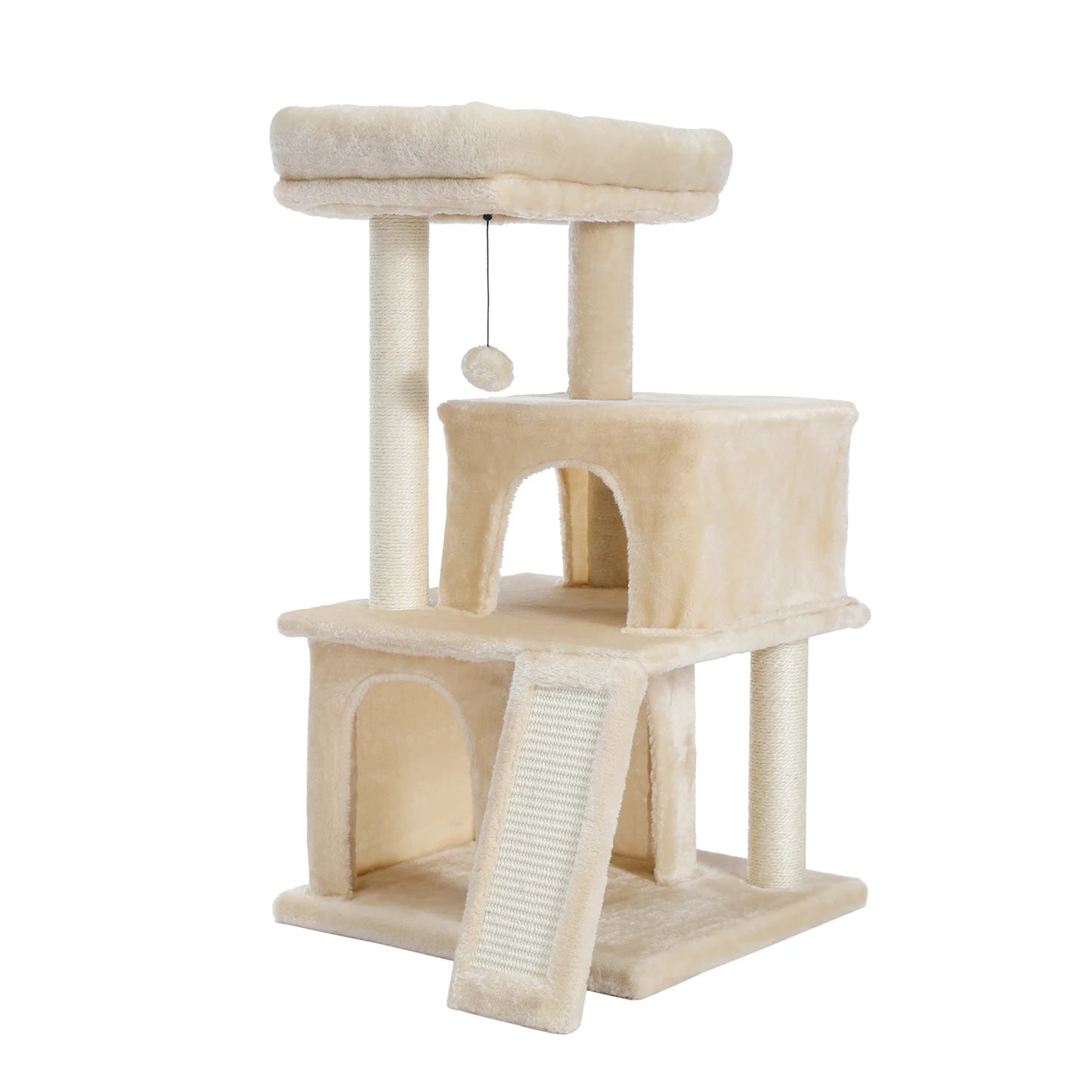 Small Cat Tree Tower with Scratching Pad, Two Large Condos, Cat Scratching Post for Indoor, Kitten House Bed, Cat Accessories