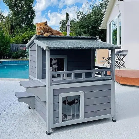 Outdoor Feral Cat House Wooden Kitty Shelter with Large Balcony, Escape Door, Waterproof