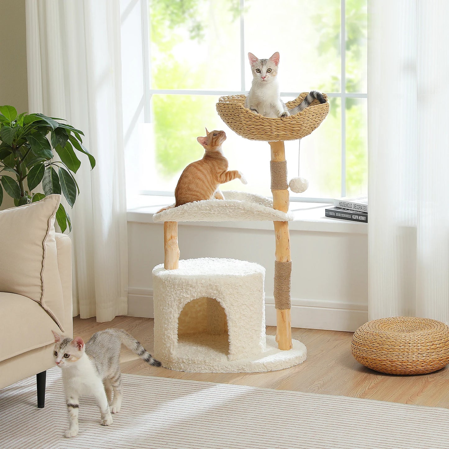 Solid Wood Cat Tree, Modern Cat Tower with Spacious Cat Condo, Flower Perches, Fun Pompom, Double Comfort Perfect for Indoor Kittens