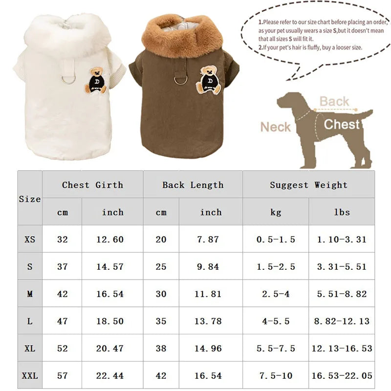 Winter Dog Clothes Luxury Bear Print Fur Collar Windproof Jacket, Chihuahua, Yorkies ,Warm Coat Puppy Outfit ,Clothing Pet Costume