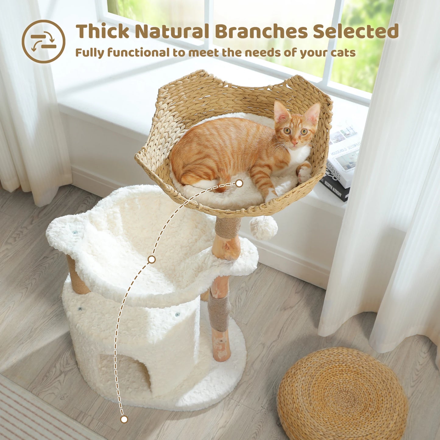 Solid Wood Cat Tree, Modern Cat Tower with Spacious Cat Condo, Flower Perches, Fun Pompom, Double Comfort Perfect for Indoor Kittens