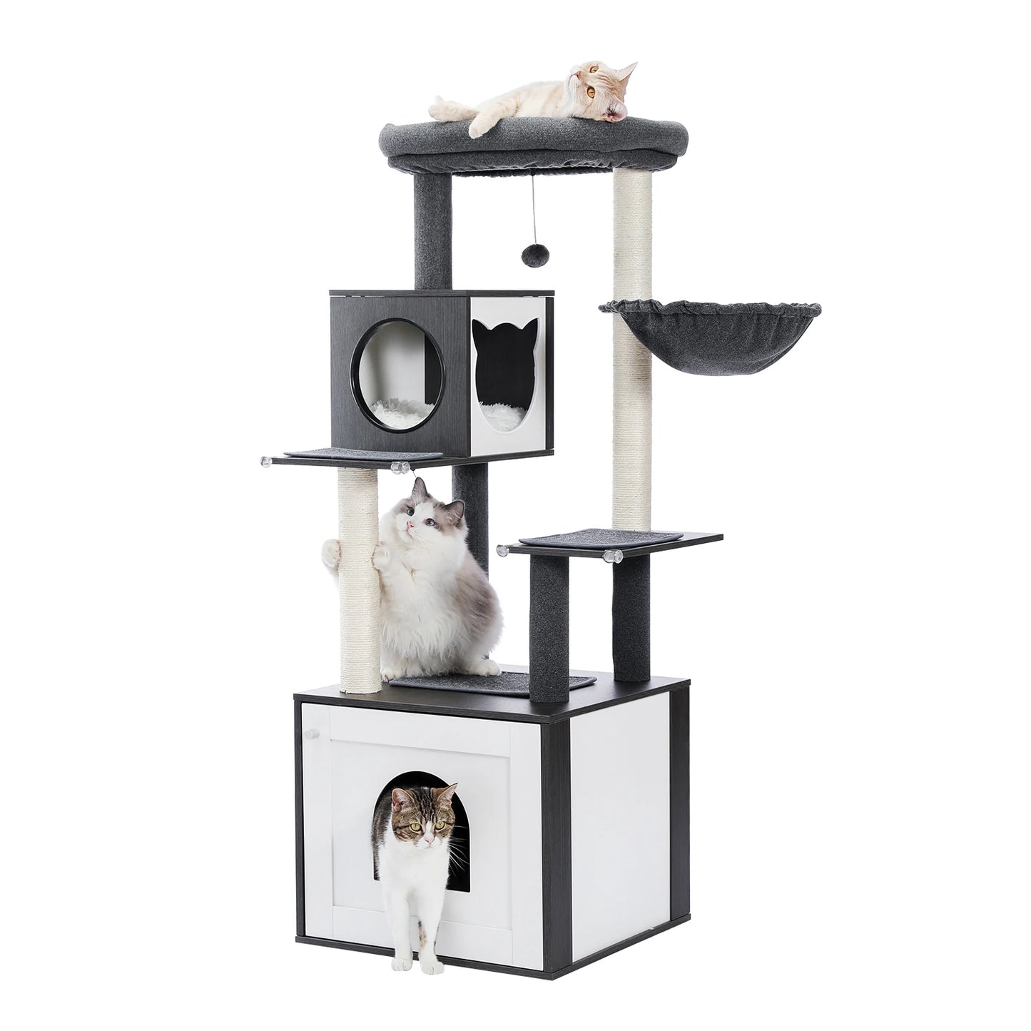 Multi-Level Cat Tree for Indoor Wood Cat , Tower with Scratching Posts Spacious Condo, Hammock Top Perch Cat Scratcher