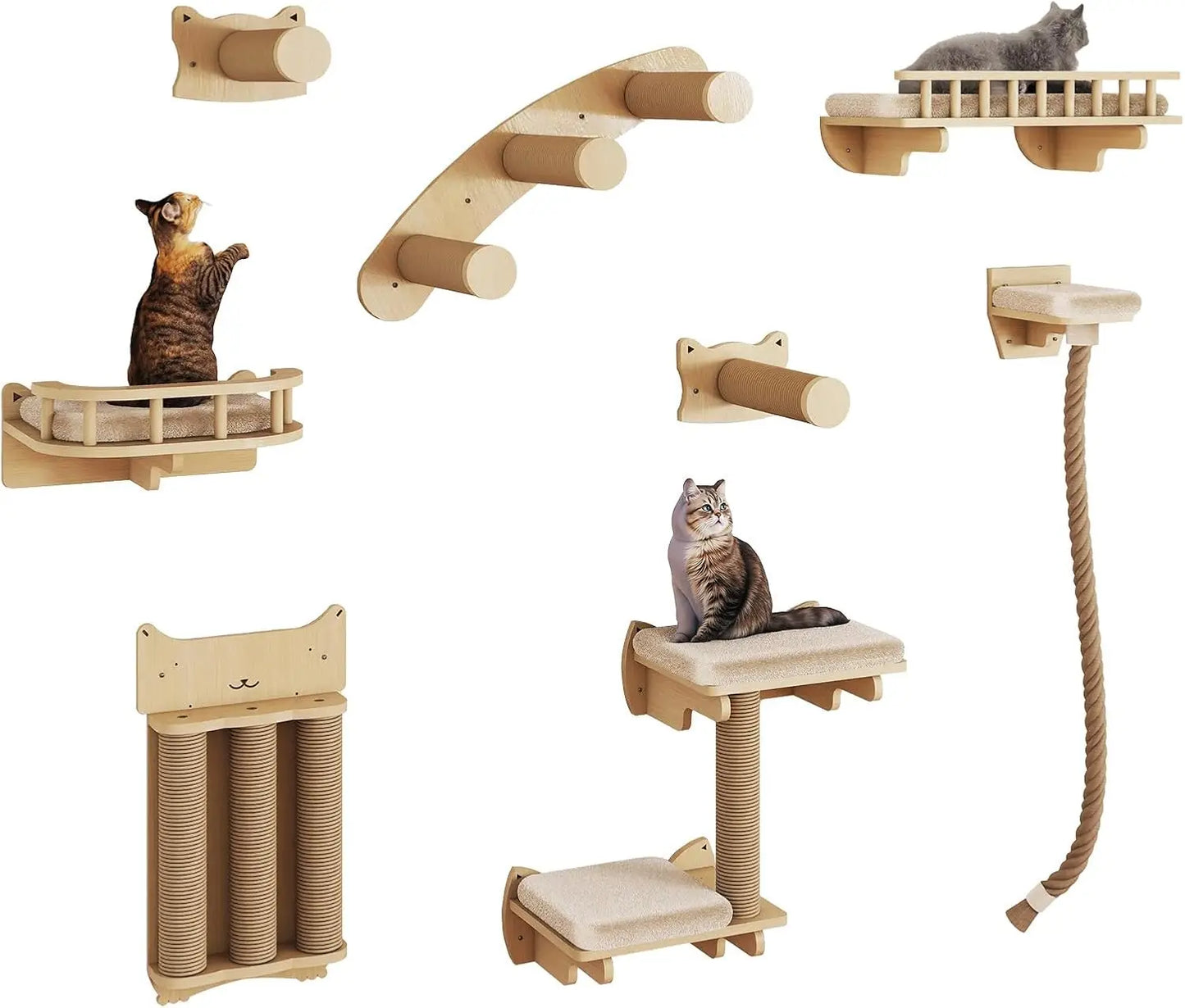 Cat ClimWall Set Made of Natural Wood, 8 Pcs Sturdy Furniture with Scratching Posts, Kitten Platform, 100CM Sisal Rope and