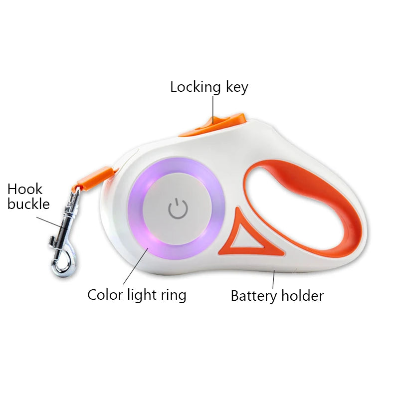 5M Automatic Retractable Dog Leash with Led Flashlight, Durable Nylon Lead for Pet Dogs , Adjustable Walking Running Rope