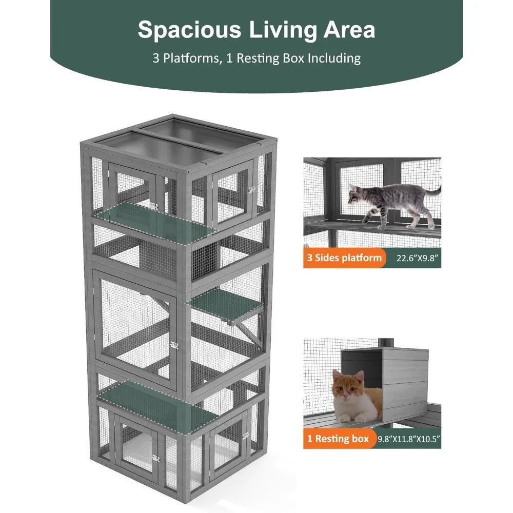 Outdoor Enclosure, 3 Tiers Cat Enclosure with Platform, Resting Box and 8 Removable Door can Connect with Cats Tunnel