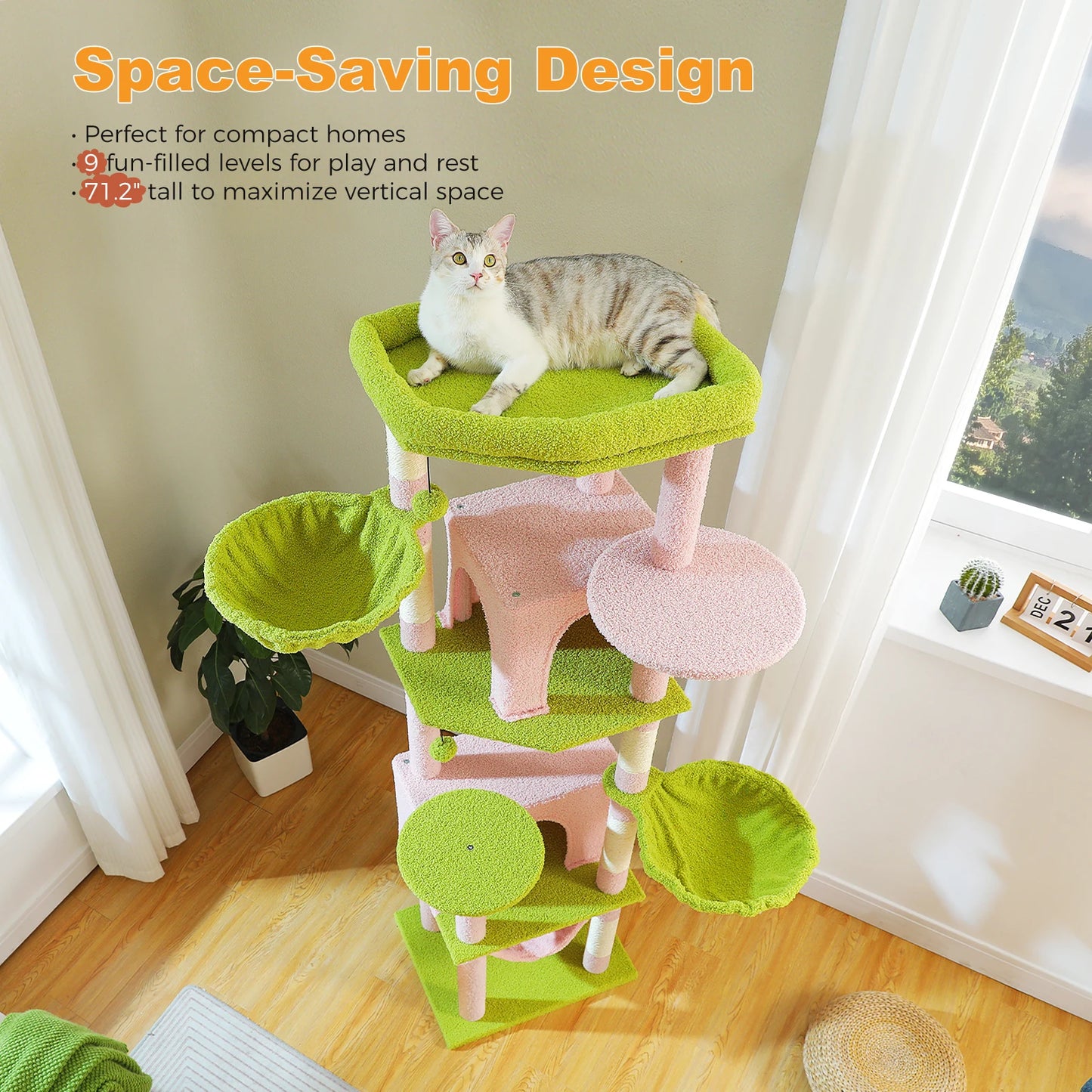 Tall Cat Tree with Scratching Posts Cozy Hammock Top Perch Multi-Level Large Cat Tower Spacious Cat Condo for Indoor Cat Toys
