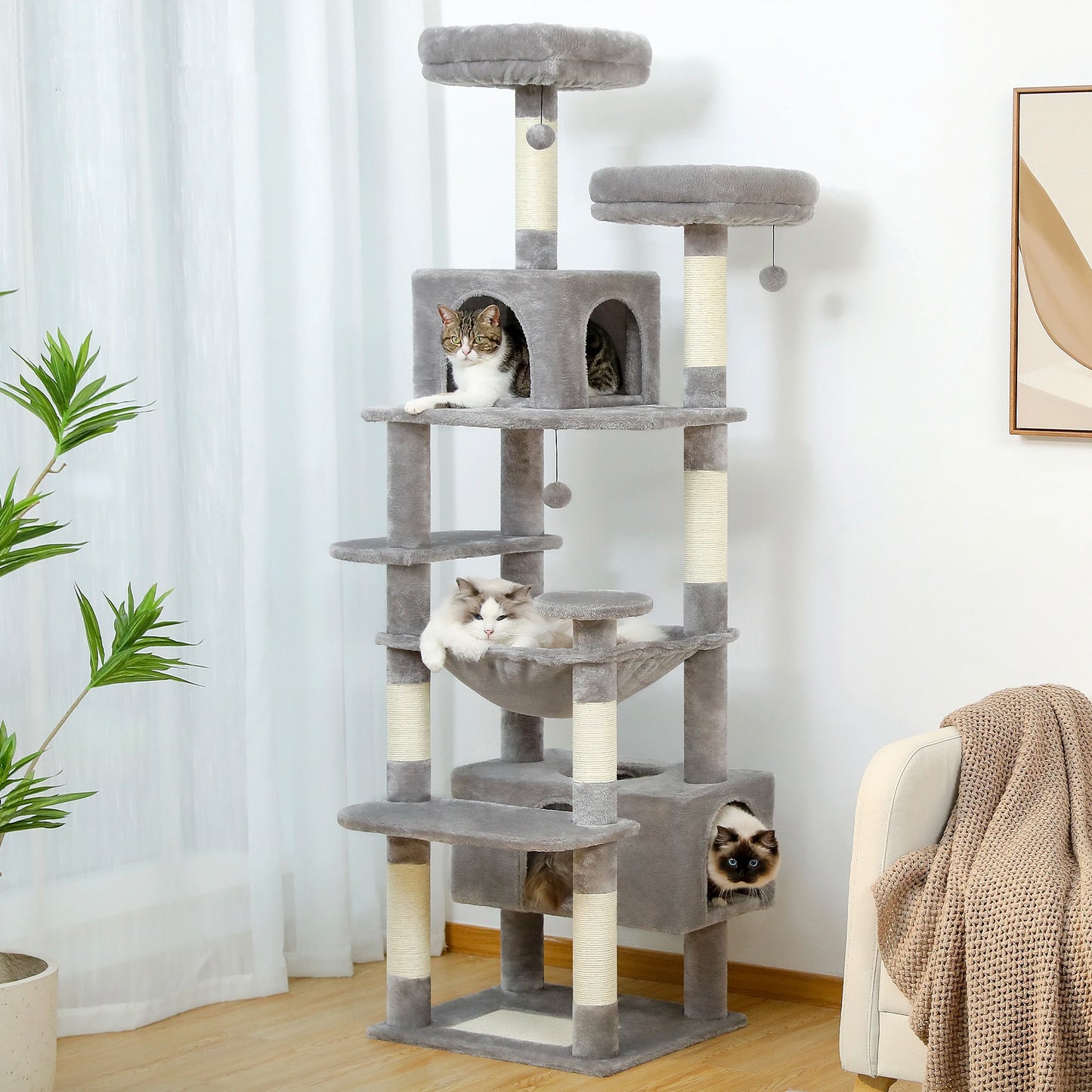 Multi-Level Cat Tree Tower with Scratching Posts &  Board , Hammock, Cat Condo, Spacious Top Perch,Dangling Balls for Indoor Cats